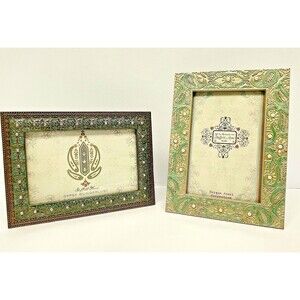 Sheffield Home set of (2) 4x6 Pewter Picture Frames-Ornate/Jeweled-Green & Gold